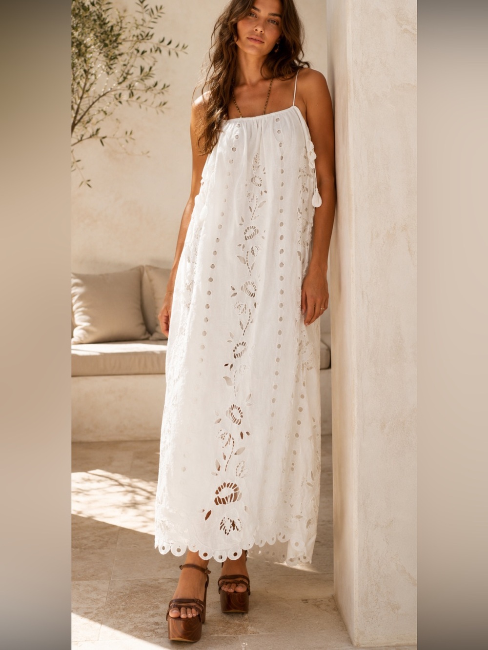 FARM RIO Embroidered Richelieu White Maxi Dress